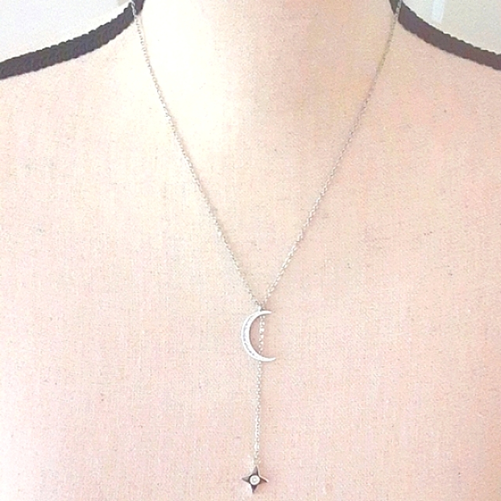 Lili Claspe Rope the Moon & Star Lariat Necklace Silver Plate Swarovski Stones